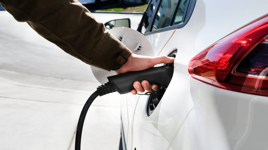 Close-up of a person's hand plugging their EV into a charger
